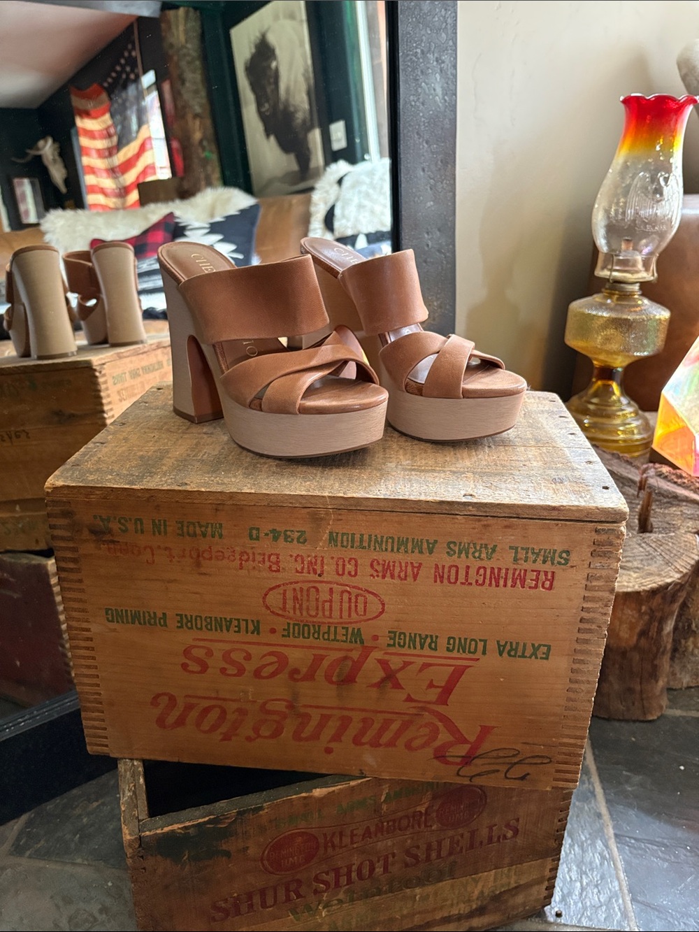 Chelsea & Violet Tan Brown Platform Slide Heels